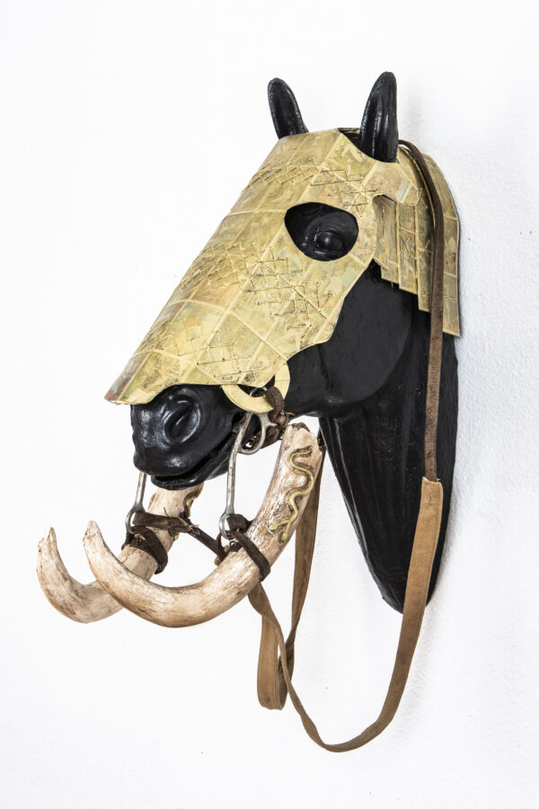 Horse Head Armor with Carved Baby Mammoth Tusk Bridle